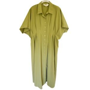 Olive Green Button-Front Midi Shirt Dress